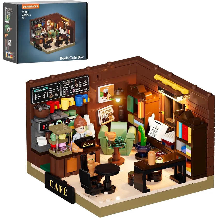 LUMIBRICKS Book-Café Box - Mini café librería iluminado de 16 × 16