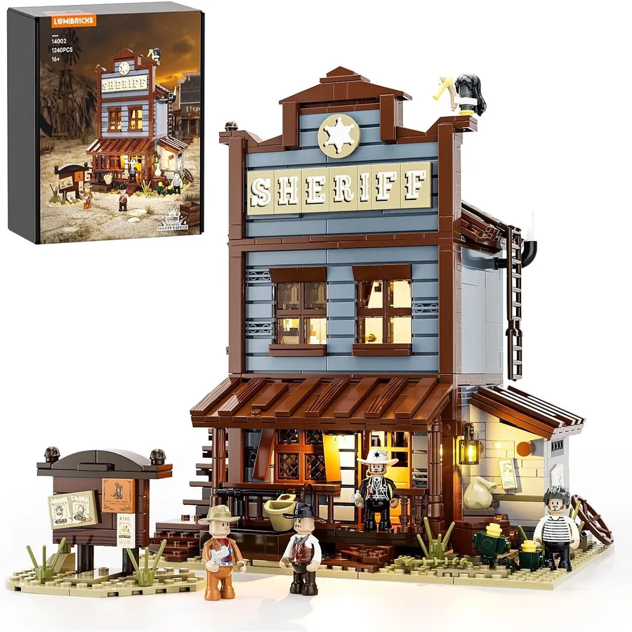 LUMIBRICKS Oficina del sheriff - Edificio del Viejo Oeste con lámparas de aceite iluminadas