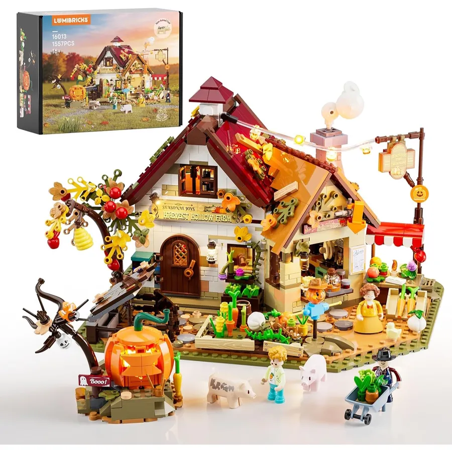 LUMIBRICKS Granja de otoño - Granja europea de Halloween con calabaza luminosa