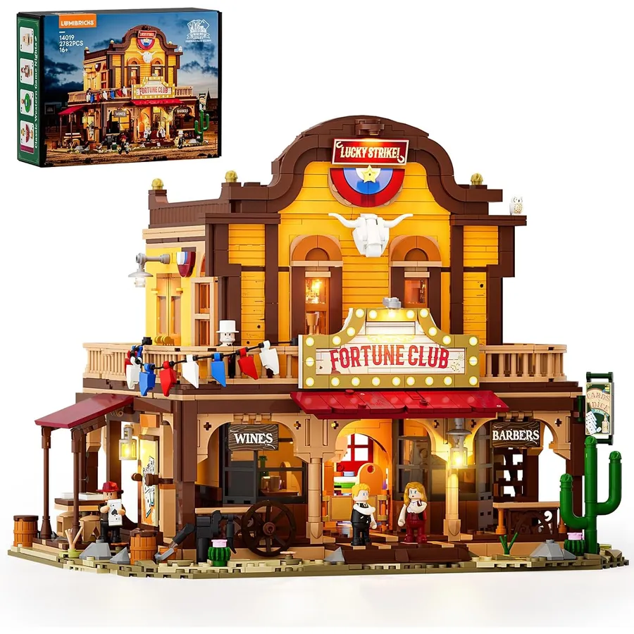 LUMIBRICKS Lucky Saloon - Saloon del Oeste de varios pisos con iluminación LED