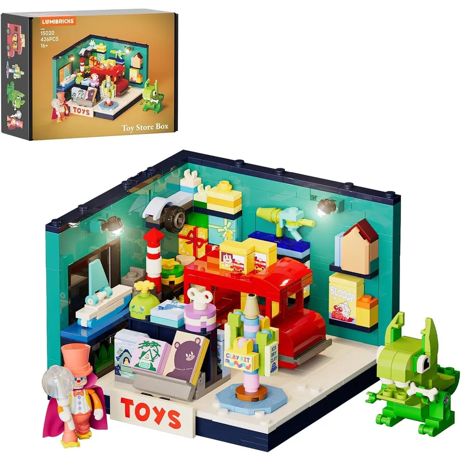 LUMIBRICKS Tienda de juguetes - Mini tienda iluminada de 16 × 16 con payaso y monstruo