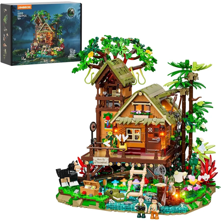 LUMIBRICKS Misty Forest Cabin - Cabaña tropical con módulo de niebla y 12 puntos de luz