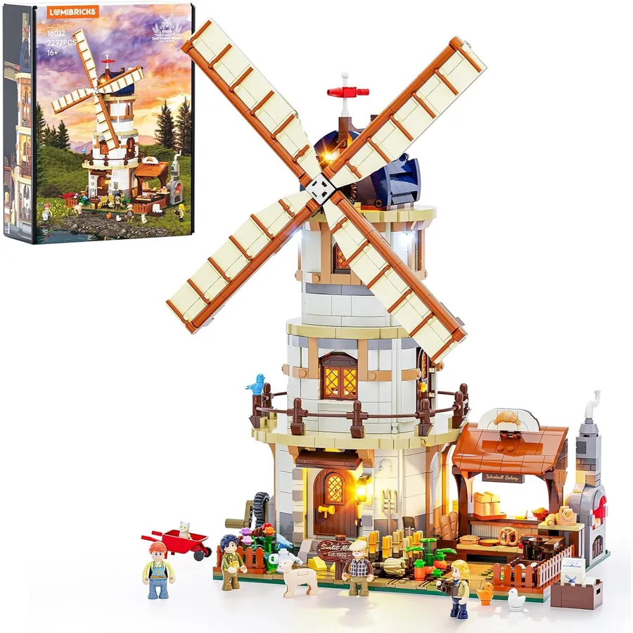 LUMIBRICKS Molino holandés - Molino de viento con aspas giratorias y panadería iluminada