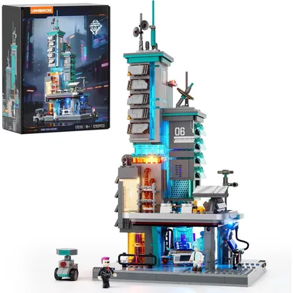 LUMIBRICKS Neon Tech Station - Torre de datos cyberpunk con núcleo de luz LED