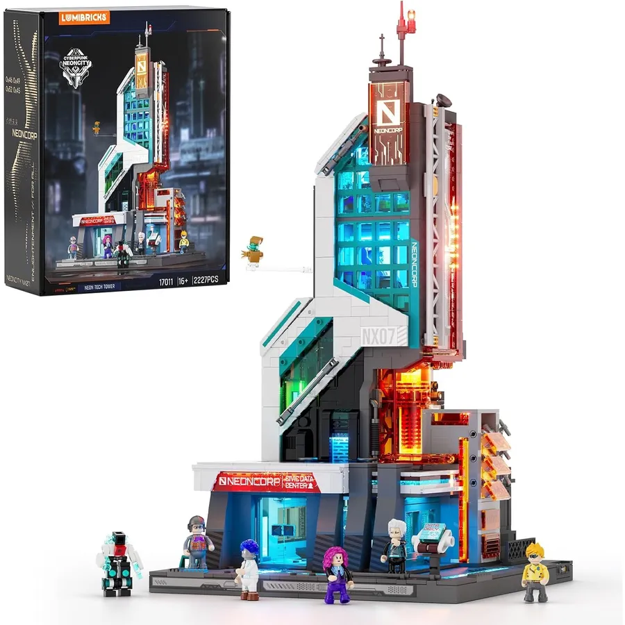 LUMIBRICKS Neon Tech Tower - Rascacielos cyberpunk con flujo de luz LED