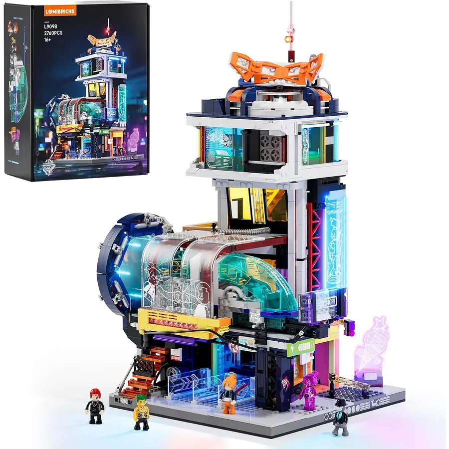 LUMIBRICKS Estación de tren flotante - Estación cyberpunk con tren de levitación magnética